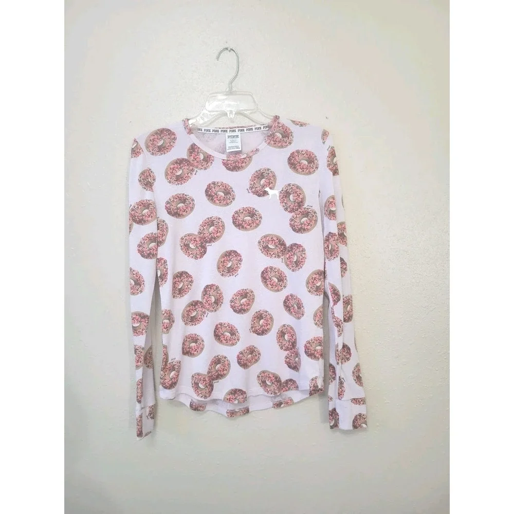 Victoria's Secret PINK Sleepwear Pajama Top Donuts Cozy Tee Long Sleeve Sz M‎